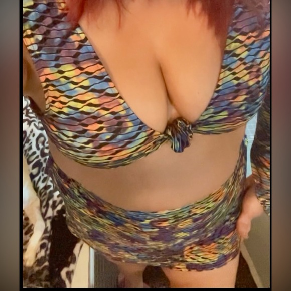 Multicolored Trippy 4Pc  Upcycled Festival Rave Fit  L XL Skirt Top Sleeves - Picture 8 of 10